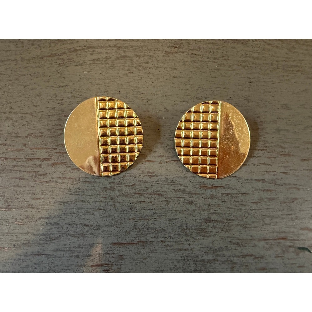 Vintage Gold Tone Round Split Textured Stud Earrings Geometric Button Statement